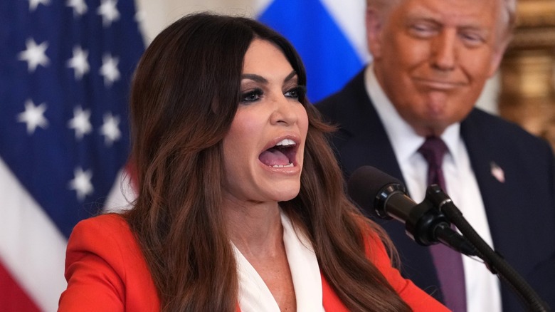 Donald Trump looks on as Kimberly Guilfoyle speaks during a Greek Independence Day celebration at the White House (2025)