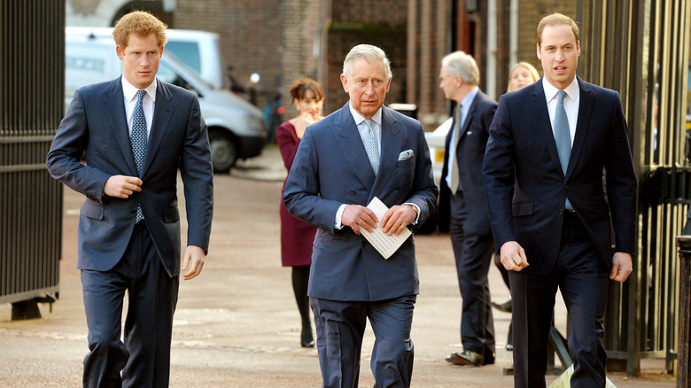 King Charles, Prince Harry, and Prince William walking