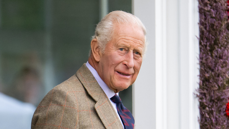 King Charles III looking a bit caught off guard in a light brown suit and navy and red patterned tie