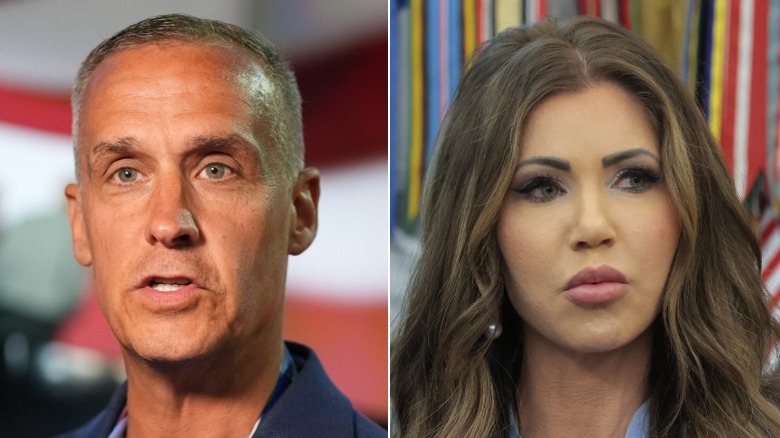 Split image of Corey Lewandoswki and Kristi Noem