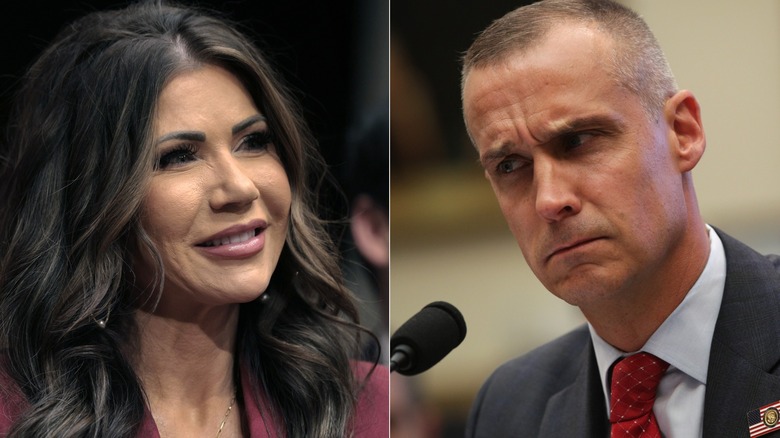 Split image of Kristi Noem and Corey Lewandowski