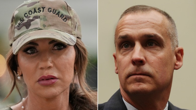 Split image of Kristi Noem and Corey Lewandowski looking worried