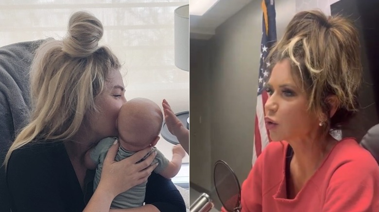 Side-by-side pictures of Erika Kirk and Kristi Noem with messy updos.