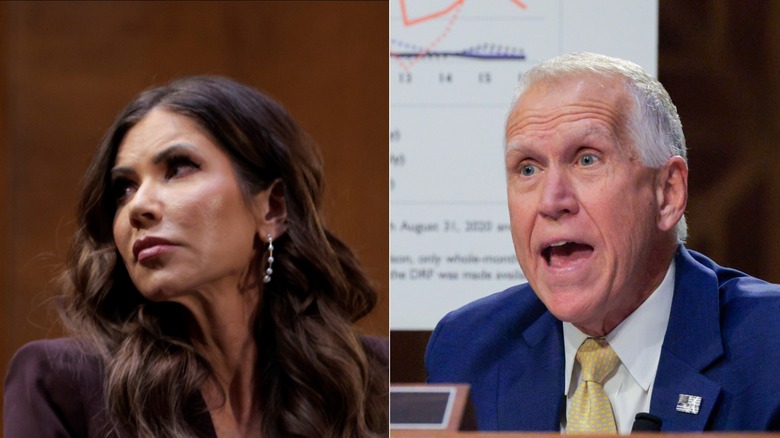 Split image of Kristi Noem and Thom Tillis in the former's oversight hearing.