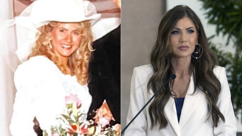Split image of Kristi Noem on her wedding day and wearing white blazer