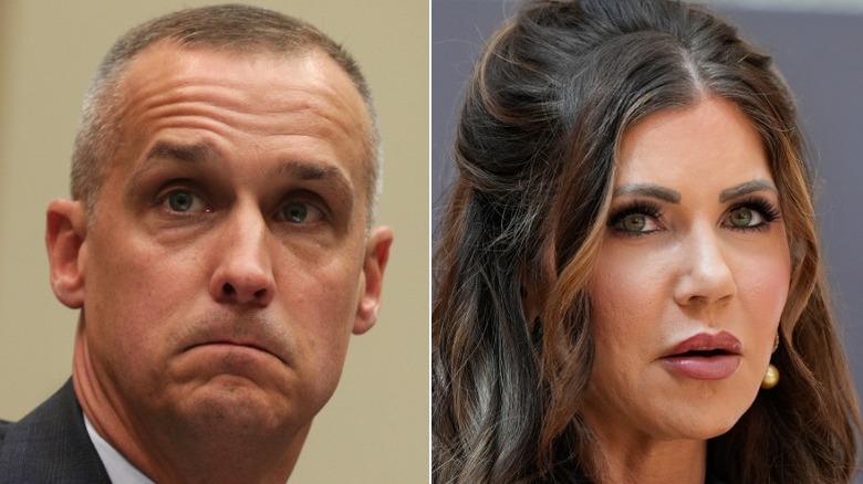 Split image of Corey Lewandowski and Kristi Noem