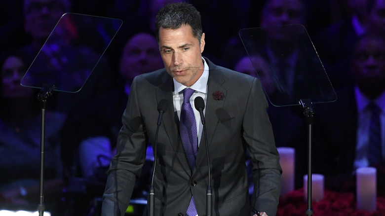 Rob Pelinka, speaking to a microphone