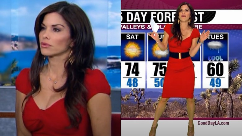 Split images of Lauren Sanchez Bezos wearing a red dress on Good Day LA