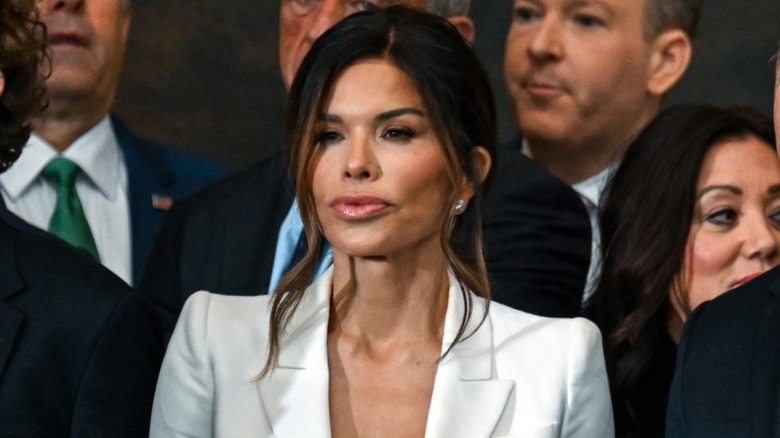 Lauren Sánchez looks ahead in a white suit at President Donald Trump's inauguration.
