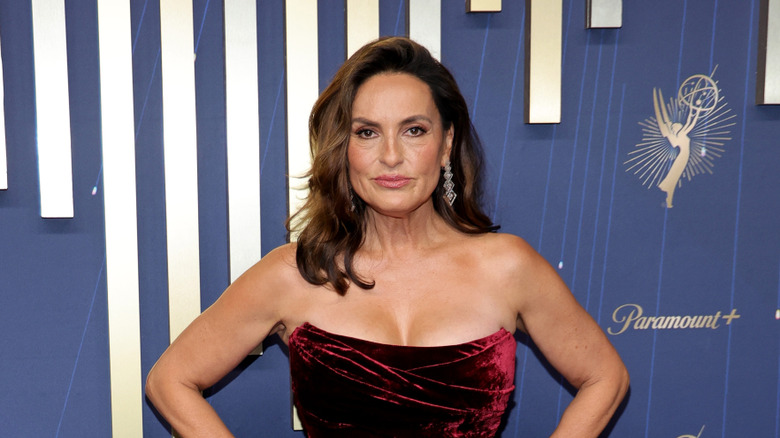 Mariska Hargitay poses in a red velvet dress in 2025.