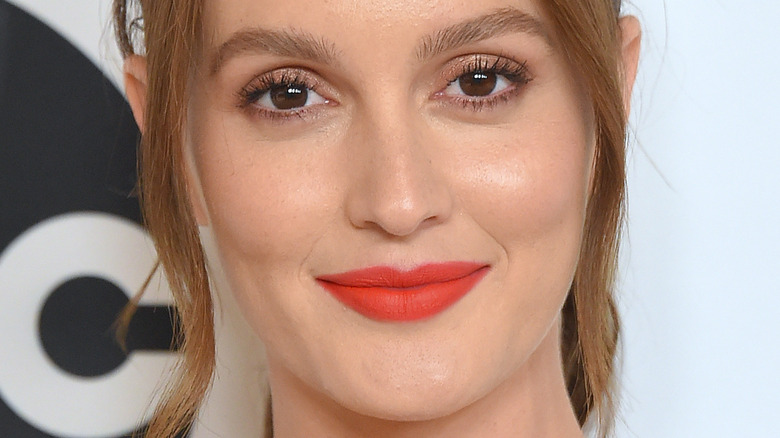 Leighton Meester poses in red lipstick
