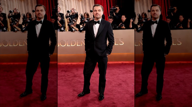 Leonardo DiCaprio posing at the Golden Globes 2026