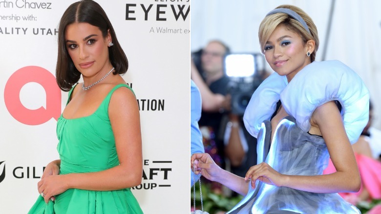 Lea Michele posing green dress, Zendaya posing in princess dress