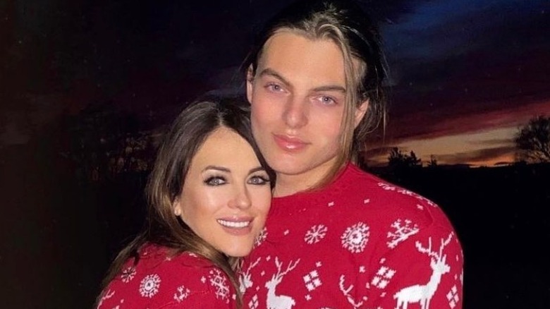 Liz Hurley and son Damian Hurley hugging