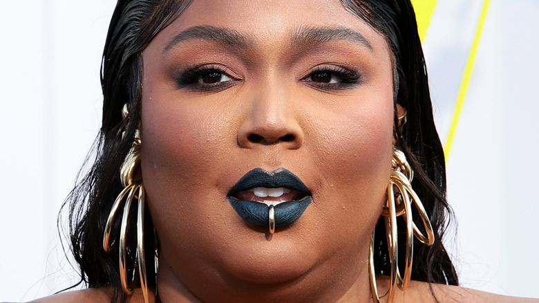 Lizzo posing in dark lipstick