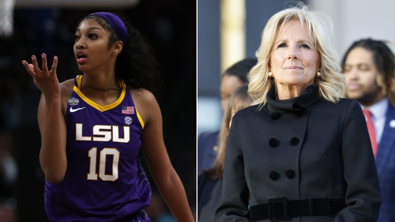 Angel Reese playing basketball and Jill Biden standing