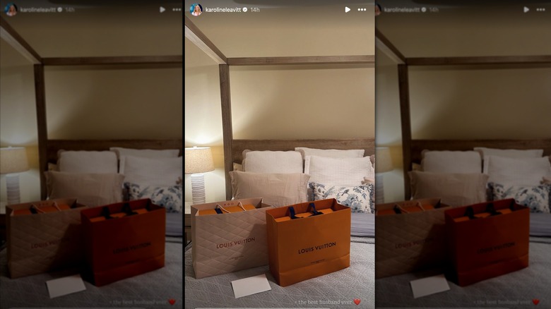 Louis Vuitton bags sitting on a bed