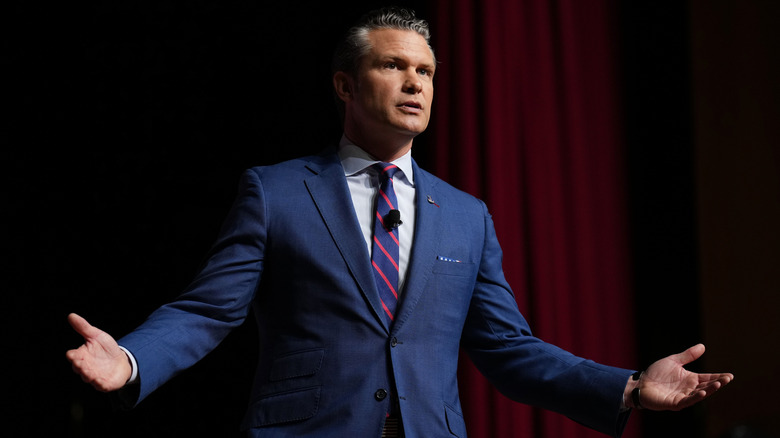 Pete Hegseth on stage at Quantico.