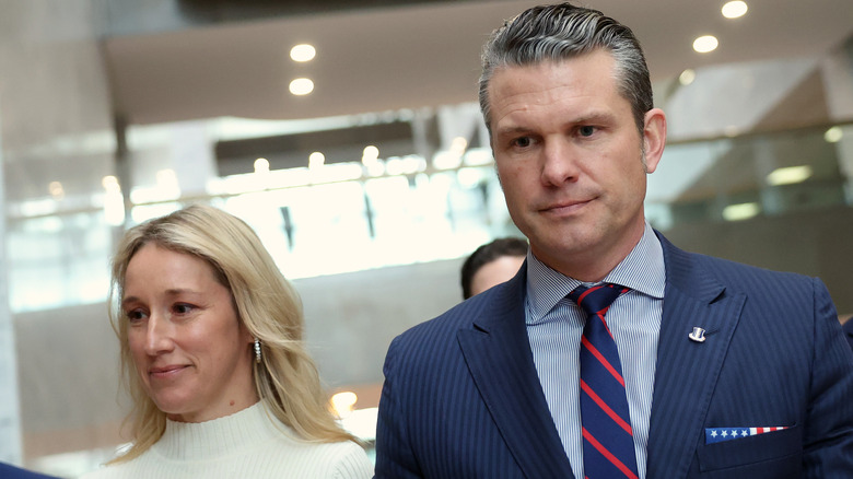 Pete Hegseth and his wife Jennifer Rauchet arrive for a meeting at the Hart Senate Office Building on January 8, 2025.