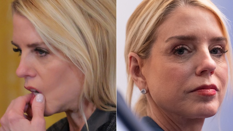 Split image of Pam Bondi in profile squeezing her lower lip and looking at the camera with her head slightly angled toward it.