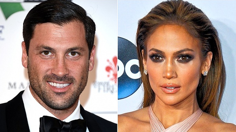 Left: Maksim Chmerkovskiy, 2014 in tuxedo, smiling; Right: Jennifer Lopez, 2014 American Music Awards, looking on