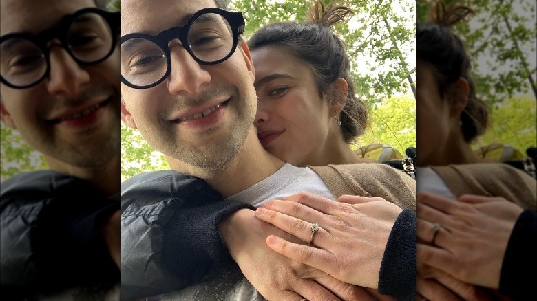 Jack Antanoff and Margaret Qualley showing off her engagement ring