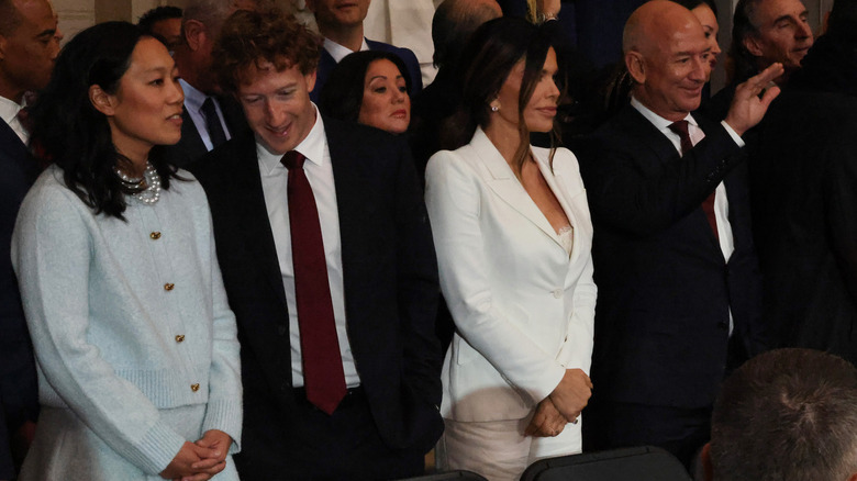 Priscilla Chan, Mark Zuckerberg, Lauren Sanchez, Jeff Bezos at inauguration