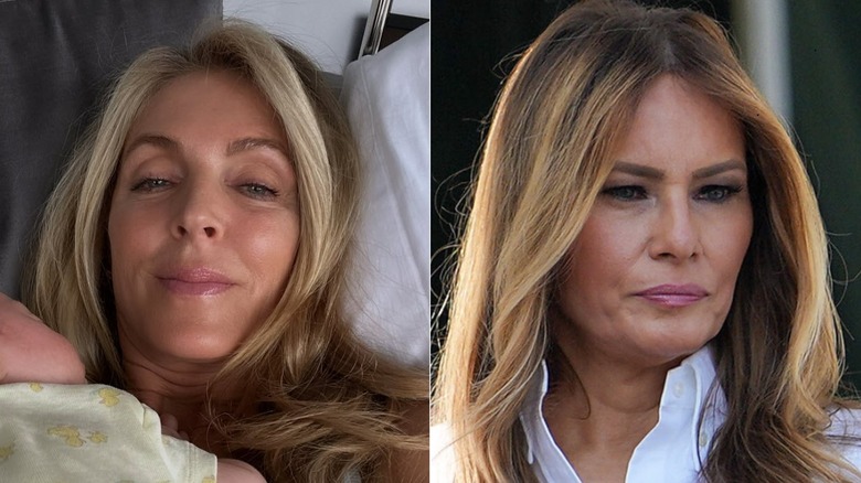 Split image of Marla Maples with head on pillow and Melania Trump looking on as President Donald Trump delivers remarks during an Independence Day military family picnic on the South Lawn of the White House
