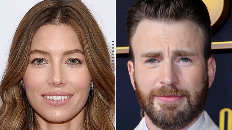 Jessica Biel and Chris Evans smiling
