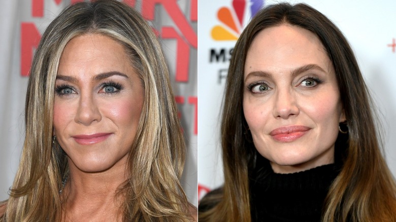 Jennifer Aniston smiling, Angelina Jolie smiling