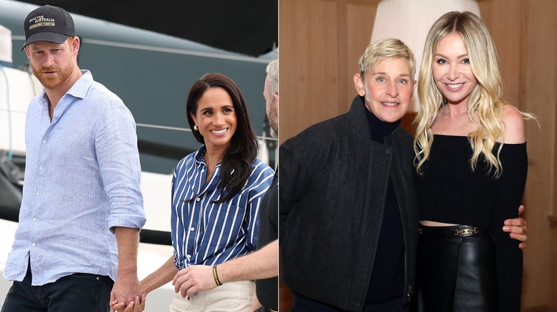 Prince Harry and Meghan Markle holding hands; Ellen DeGeneres with her arm around Portia de Rossi