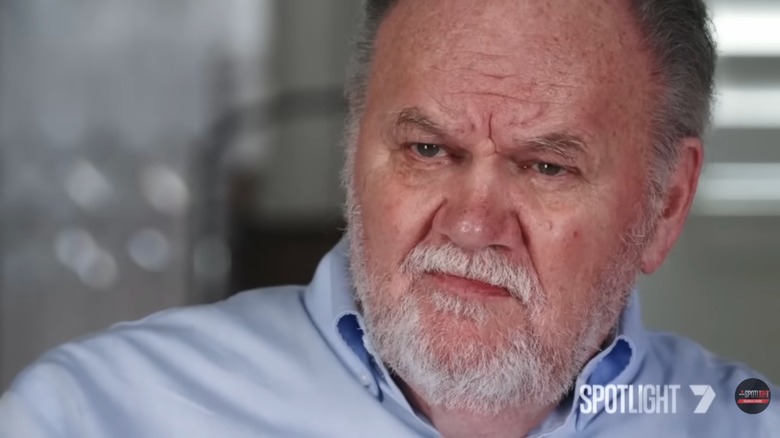 Thomas Markle looking at the camera during an interview in a light blue shirt