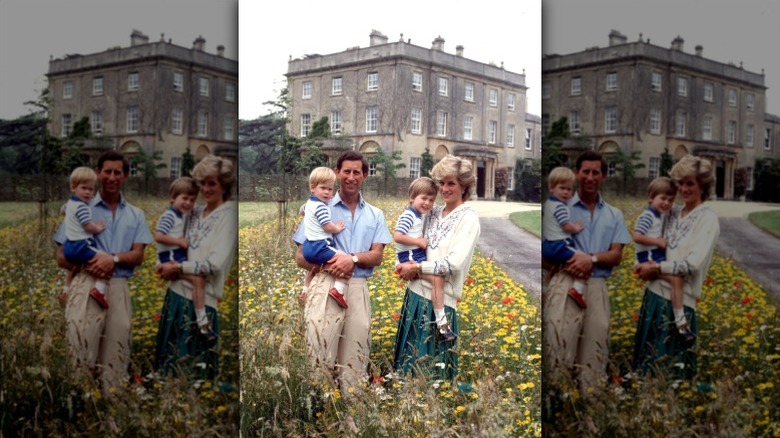 King Charles and Princess Diana hold William and Harry at Highgrove House in the '80s