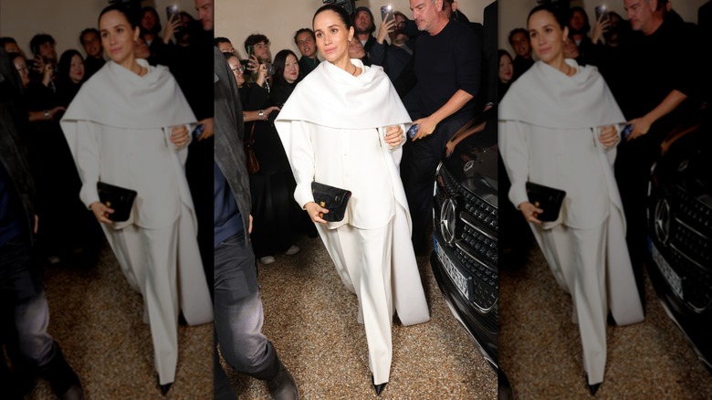 Meghan Markle walking in all-white Balenciaga in October