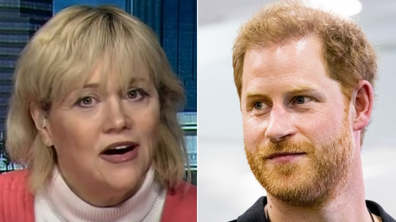 Samantha Markle speaking (left), Prince Harry smirking (right)