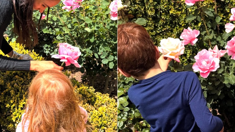 Meghan Markle, Princess Lilibet, and Prince Archie picking flowers