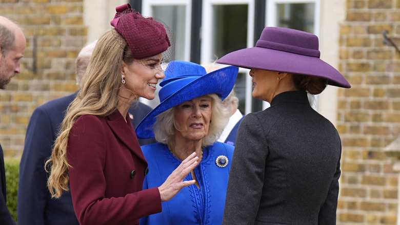 Camilla Parker Bowles and Kate Middleton talking to Melania Trump during Donald Trump's 2025 state visit