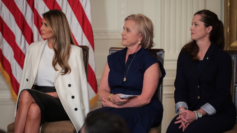 Melania Trump, Dorothy Bush Koch, and Judy de Torok attend the unveiling of a stamp dedicated to Barbara Bush (2025)