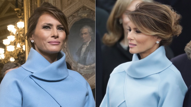 Split image of Melania Trump on Inauguration Day 2017 smiling facing forward, and Melania smiling in profile