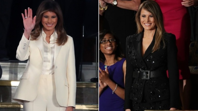 Melania Trump in a white pantsuit and black Marc Jacobs pantsuit