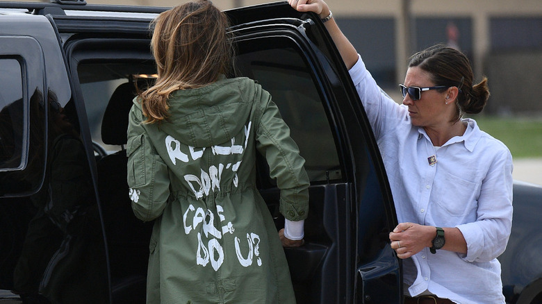 Melania Trump in her Zara "I really don't care, do U?" jacket