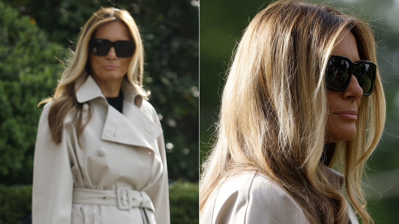 Melania Trump with sunglasses in front of the White House