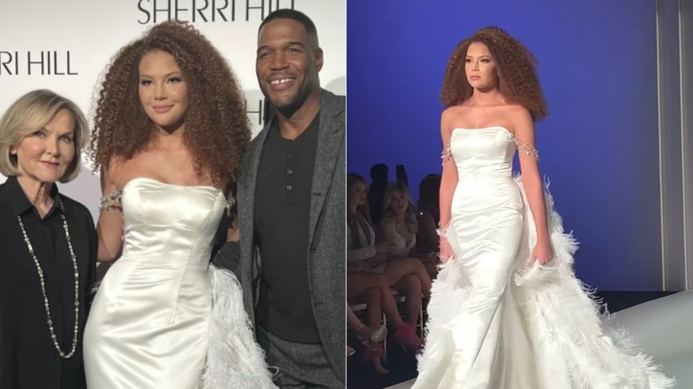 Sherri Hill, Isabella Strahan and Michael Strahan pose together at the designer's show