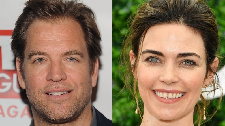 Michael Weatherly and Amelia Heinle smiling in split image