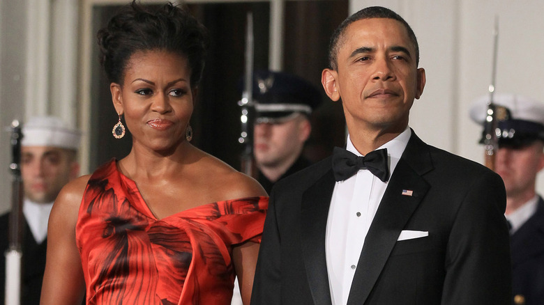 Michelle Obama poses with Barack Obama