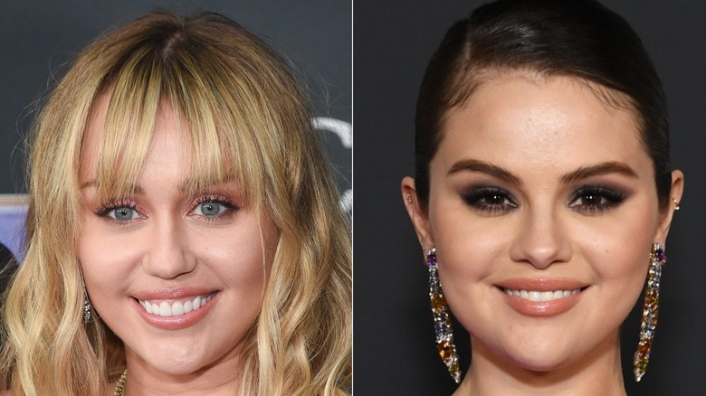 Miley Cyrus Selena Gomez split image