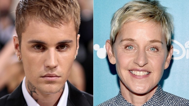Side-by-side pictures of Justin Bieber smiling and Ellen DeGeneres smiling