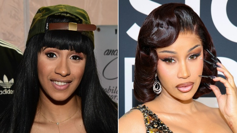 Split image of Cardi B smiling and Cardi B posing in a gold gown in 2025