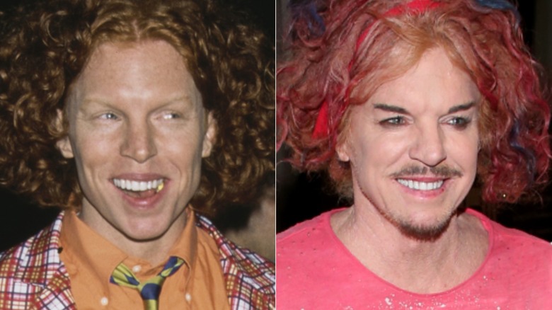 Split image of Carrot Top smiling for cameras in New York City in January 1987 and smiling in Vegas in March 2022