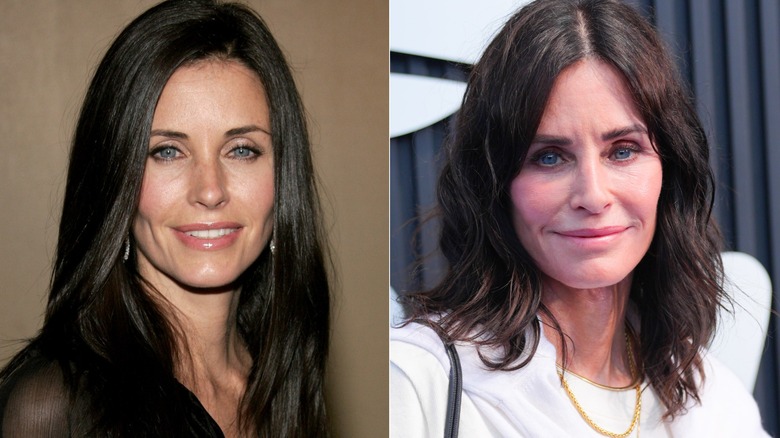 Split image of Courteney Cox smiling in black and grinning in white
